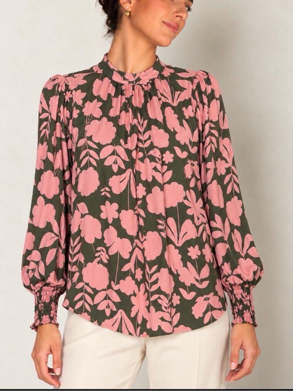 Boden Olive Green Pink Floral Blouse Smocked Cuffs Size Small